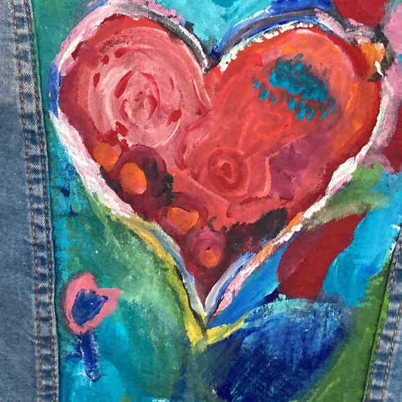 Artisan Hand Painted Blue Notes Cropped Jean Jacket Abstract Heart Acryl… - Picture 12 of 12